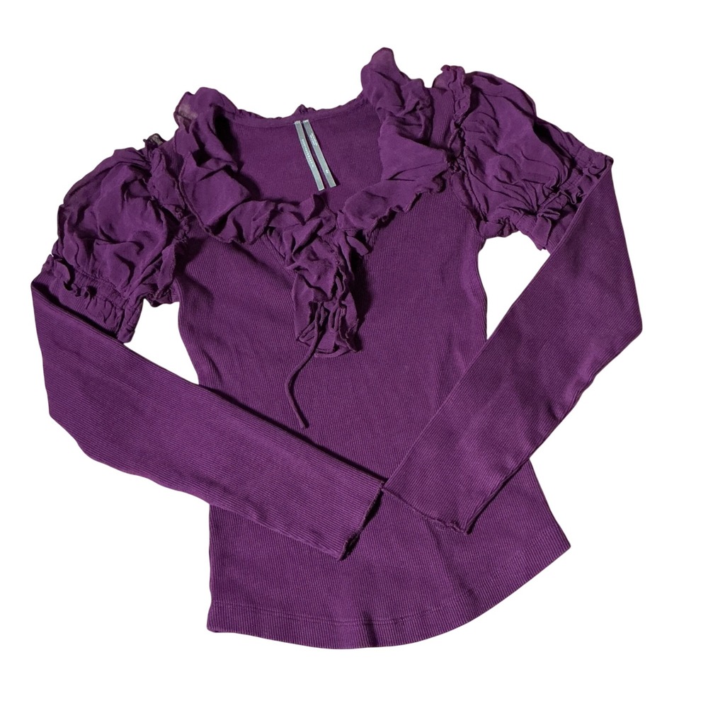 Anthropologie Coquette Ruffle Sleeve Ribbed Knit Dark Academia Top XS OB2104386